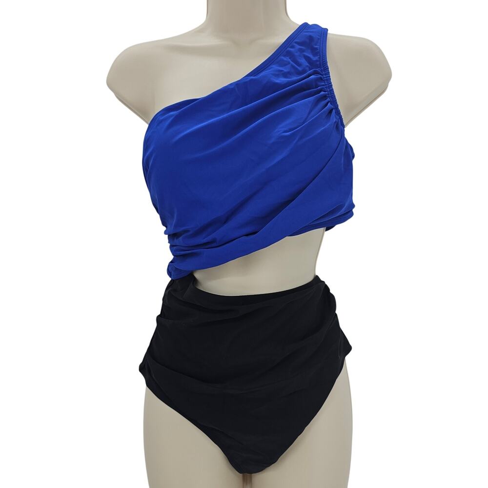 Cupshe Womans size M One Shoulder Color Block One Piece Swimsuit Blue/Black NEW